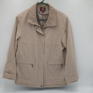 Gallery Women's Jacket Coat Petite Medium Beige Zip Up Collared Lined Pockets